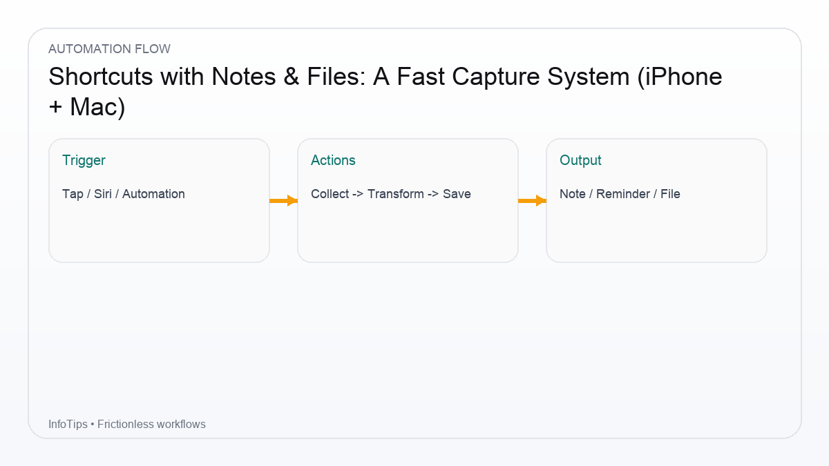 Workflow overview for Shortcuts with Notes & Files: A Fast Capture System (iPhone + Mac)